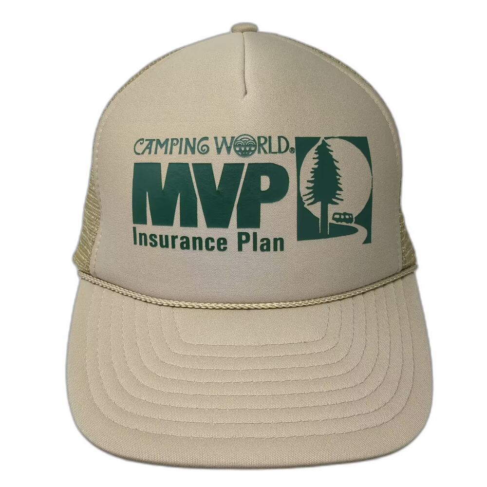Camping World Trucker Hat Beige Green OS Snapback Mesh RV Insurance Plan Hat
